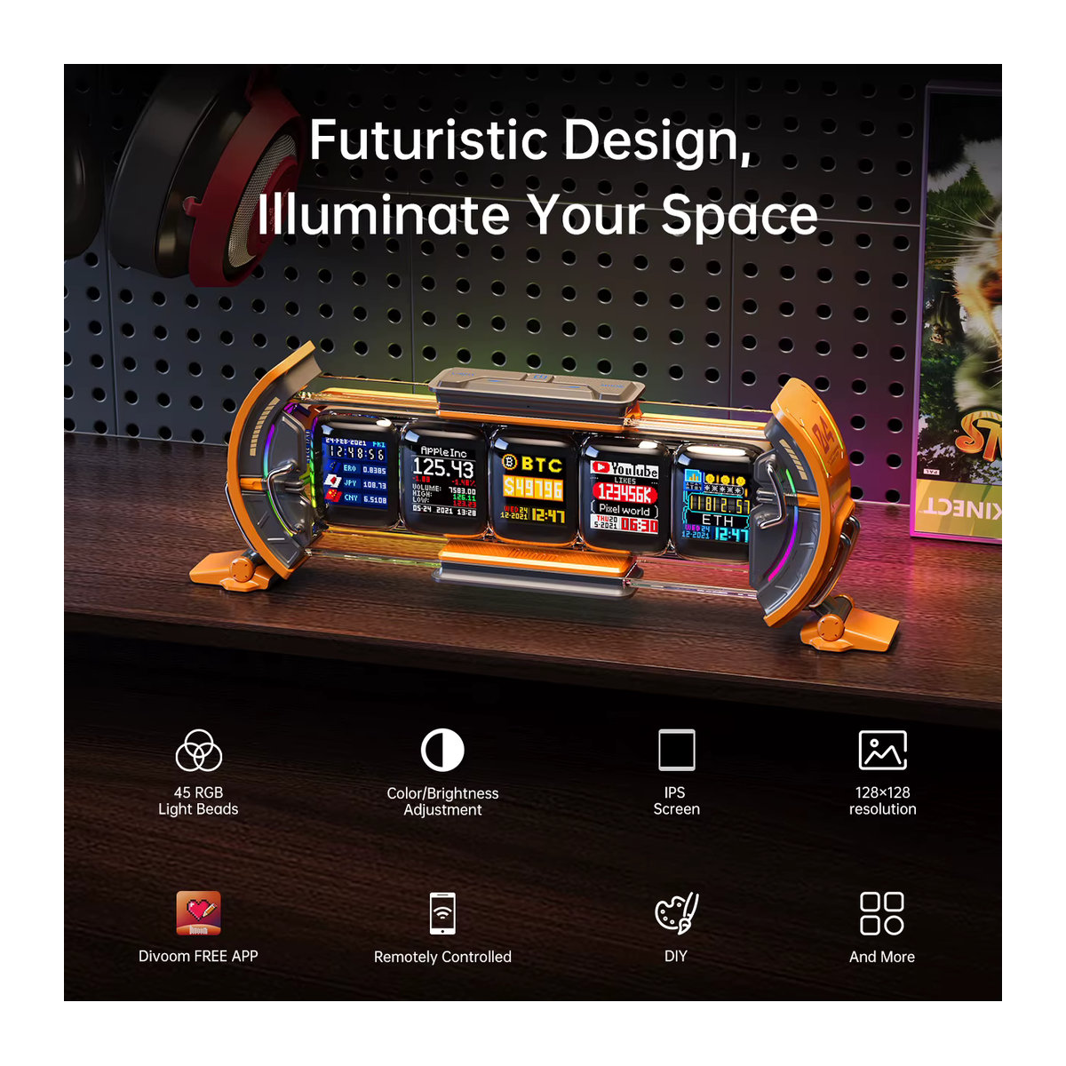 Divoom Times Gate Digitaluhr mit RGB-LED-Display und App-Steuerung, Cyberpunk Gaming-Deko in Gelb und Mehrfarbig - Bild 2