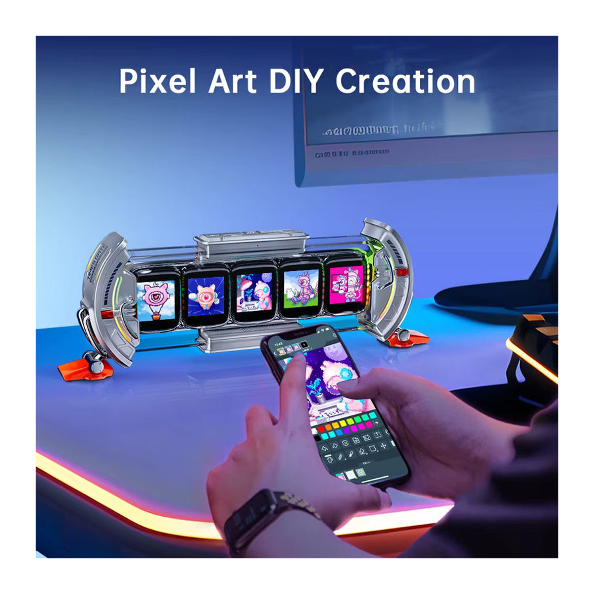Divoom Times Gate Pixel Art Setup-Uhr mit RGB-LED-Anzeige und App-Steuerung in Schwarz und Rosa - Bild 2