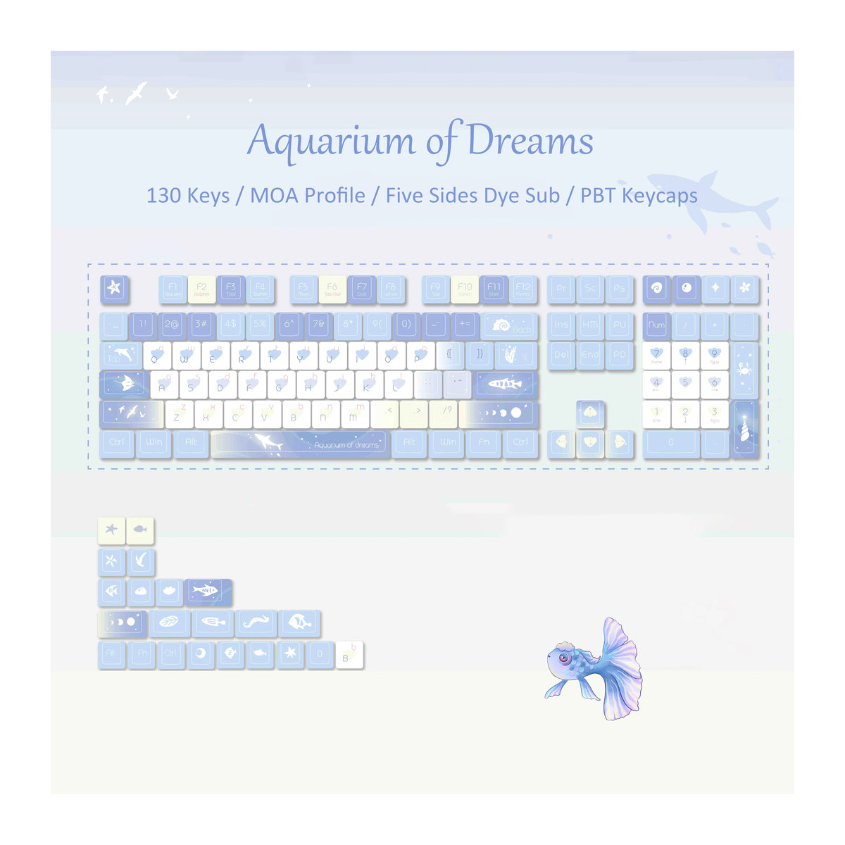 DIXSG Blue Dream PBT-Tastenkappen im MOA-Profil mit 130 Tasten für mechanische Gaming-Tastaturen, Farbe: Blau - Bild 5