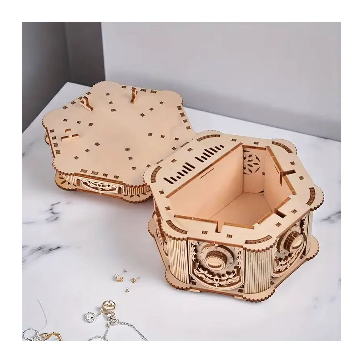 DIY 3D Holzpuzzle Schatzkiste als Montage-Set für Erwachsene in Braun und Weiß - Bild 2