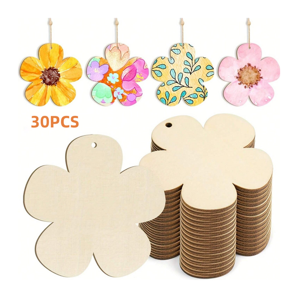 DIY Blumenornamente aus Holz zum Bemalen, mehrfarbige florale Hängeornamente im Landhausstil mit Schnur, 10 Stück - Bild 1