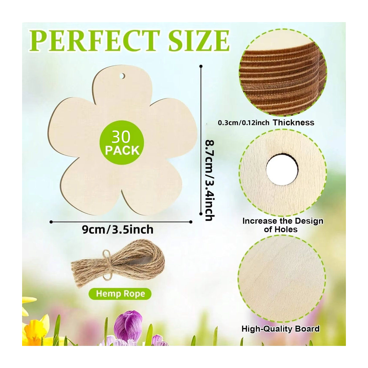 DIY Blumenornamente aus Holz zum Bemalen, mehrfarbige florale Hängeornamente im Landhausstil mit Schnur, 10 Stück - Bild 2