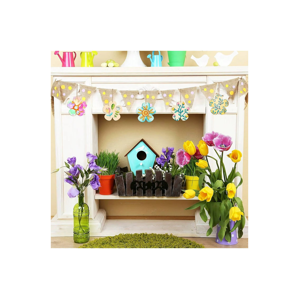 DIY Blumenornamente aus Holz zum Bemalen, mehrfarbige florale Hängeornamente im Landhausstil mit Schnur, 10 Stück - Bild 4