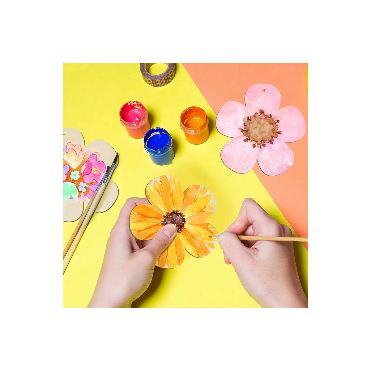 DIY Blumenornamente aus Holz zum Bemalen, mehrfarbige florale Hängeornamente im Landhausstil mit Schnur, 10 Stück - Bild 5