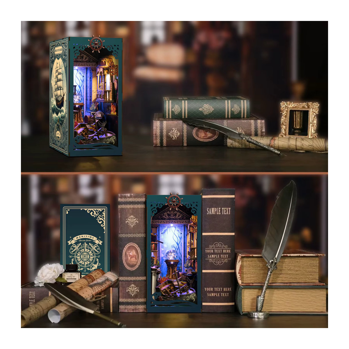 DIY Buchecken-Modellbausatz aus Holz mit LED, 3D-Buchständer im Vintage-Design, braun und mehrfarbig - Bild 5