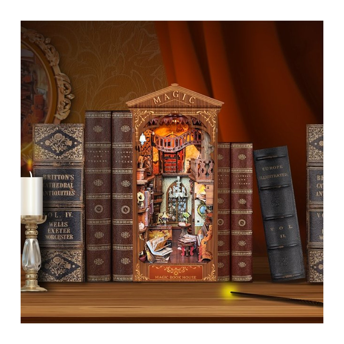 DIY-Buchwinkel-Kit aus Holz als dekoratives Montagemodell im Vintage-Stil mit floralem Design, mehrfarbig - Bild 1