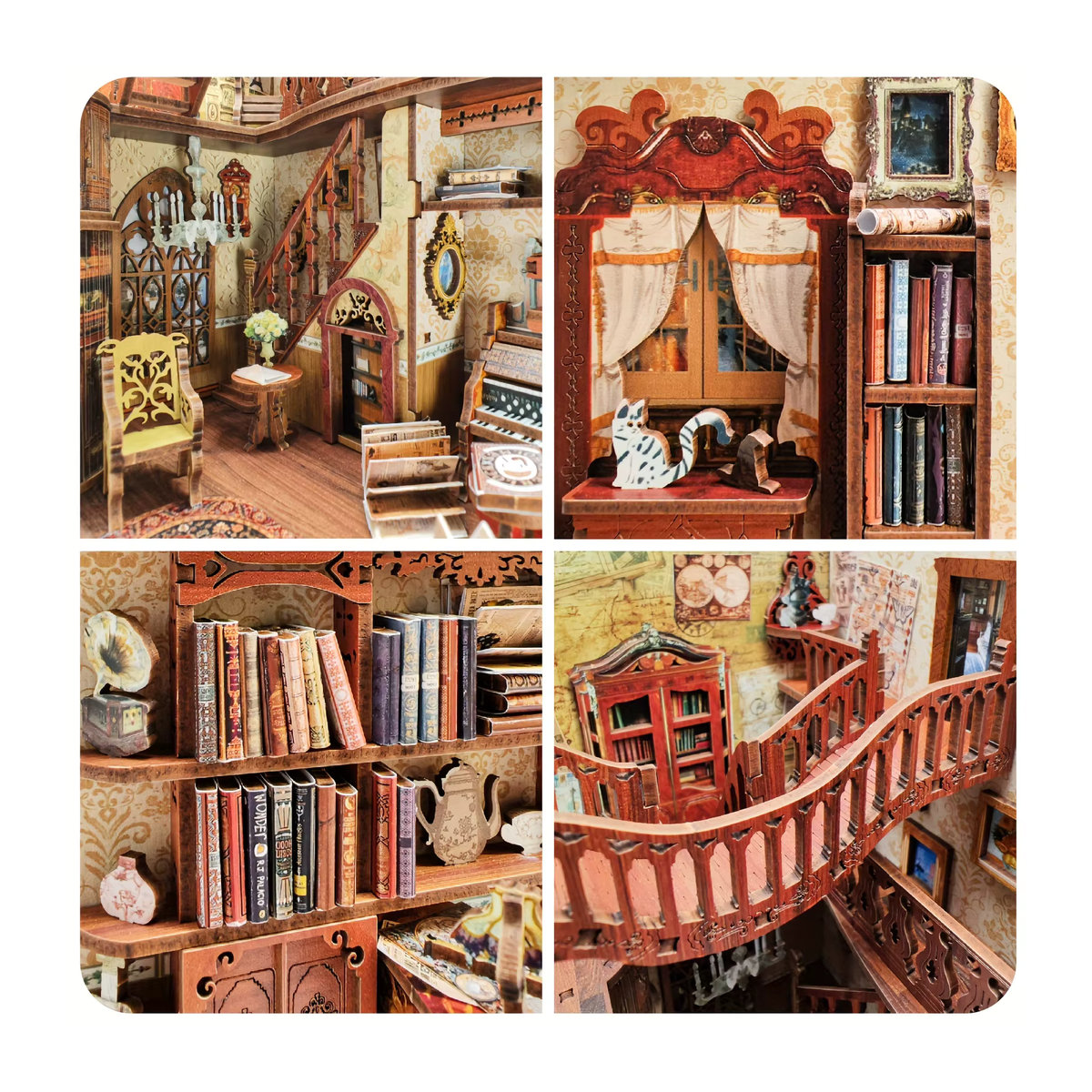 DIY-Buchwinkel-Kit aus Holz als dekoratives Montagemodell im Vintage-Stil mit floralem Design, mehrfarbig - Bild 3