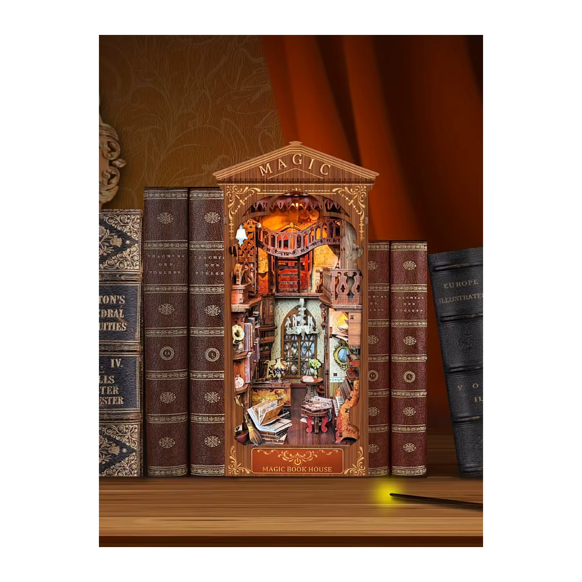 DIY-Buchwinkel-Kit aus Holz als dekoratives Montagemodell im Vintage-Stil mit floralem Design, mehrfarbig - Bild 4