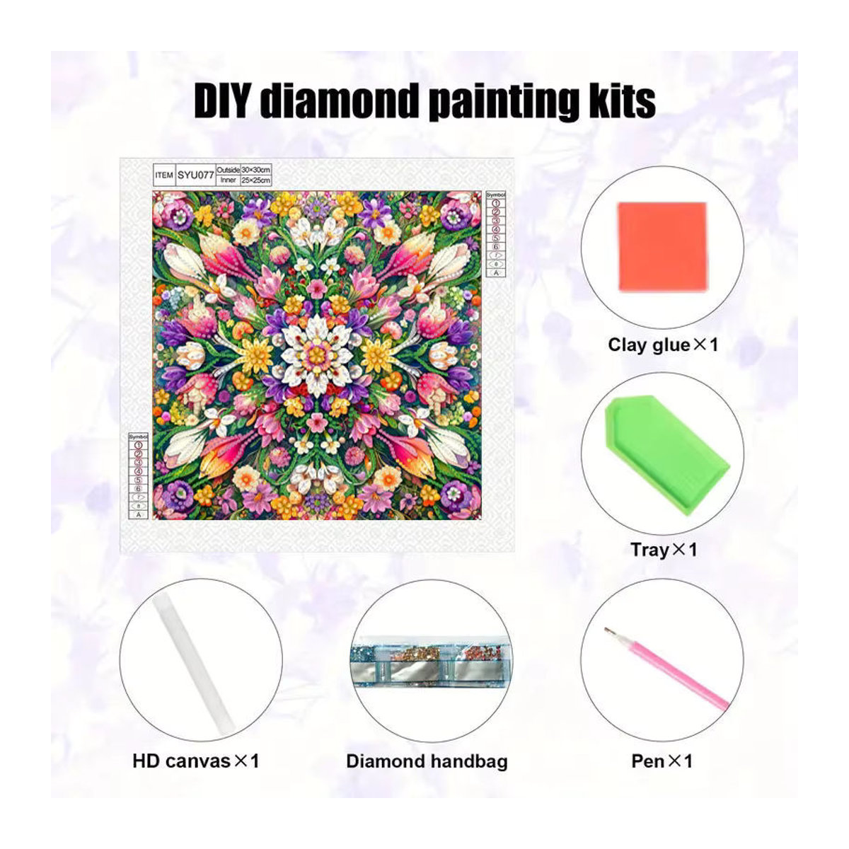 DIY-Diamantgemälde-Set mit floralem Blumenmuster und unregelmäßigen runden Kristallen in Mehrfarbig, B/H/T: 30 x 30 x 30 cm - Bild 4