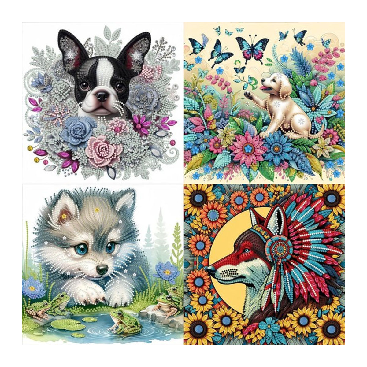 DIY-Kunstset Diamantmalerei mit Hund und Blumenmuster, rahmenlos und unregelmäßig, ideal als Dekoration für dein Büro - Bild 1