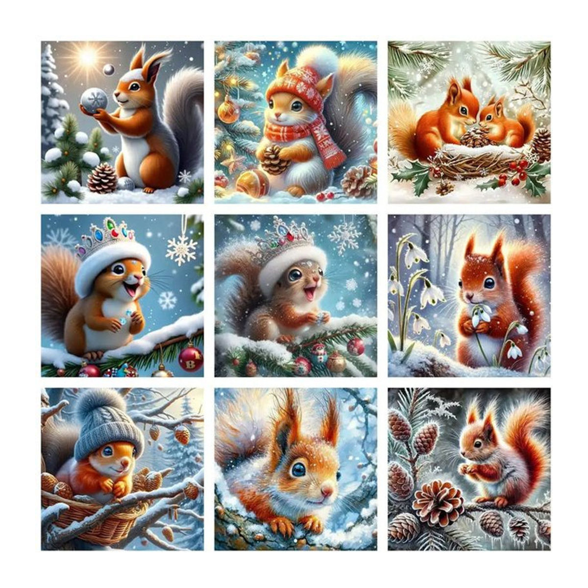 DIY Malset Winter-Eichhörnchen im Schnee als quadratisches Ölgemälde mit Füllfarben, mehrfarbig und ohne Rahmen - Bild 1