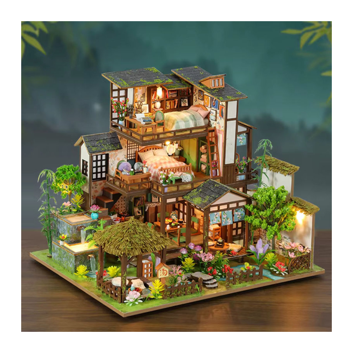 DIY Miniatur-Bausatz Frühlingshof aus Holz und Bambus als dekorative Buchstütze in Mehrfarbig - Bild 2