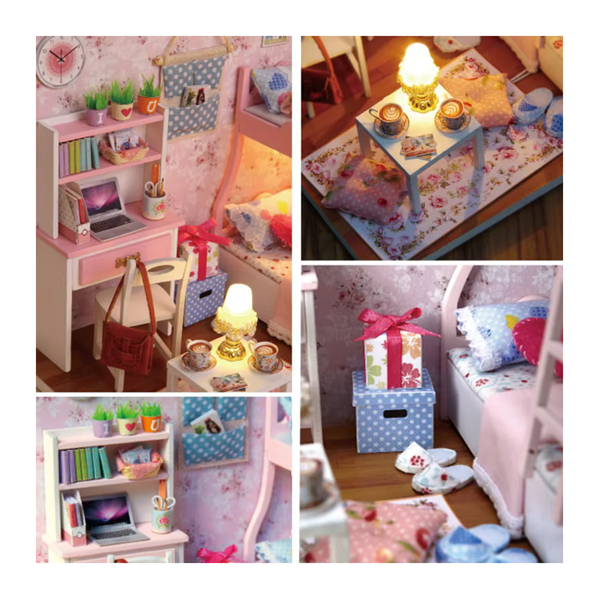 DIY Miniatur-Puppenhaus aus Holz von zuuton in Rosa mit floralem Design und Möbeln - Bild 4