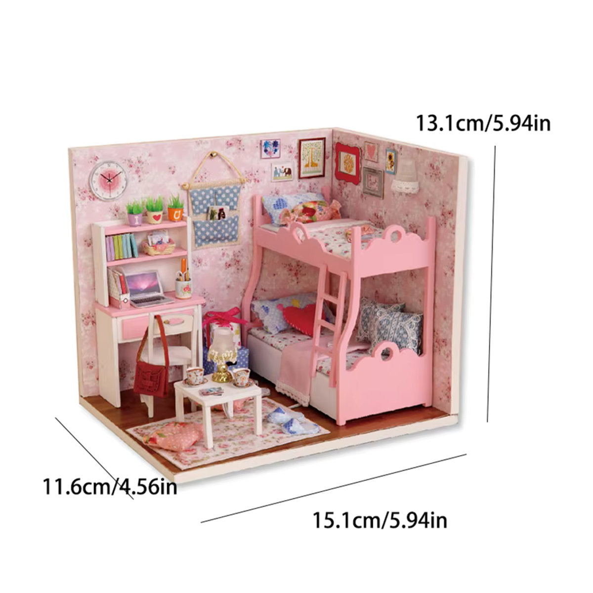 DIY Miniatur-Puppenhaus aus Holz von zuuton in Rosa mit floralem Design und Möbeln - Bild 6