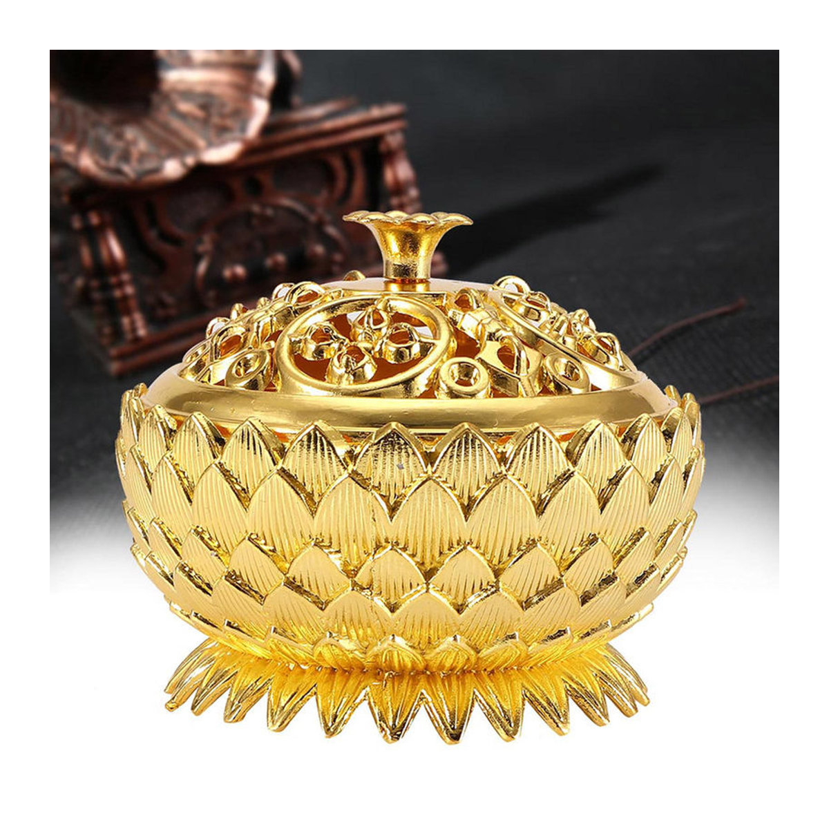 DIYelecs Lotus Räucherstäbchenhalter aus Zinklegierung in Gold, dekorativer Weihrauchbrenner mit floralem Design, Durchmesser: 7 cm, Höhe: 5 cm - Bild 2