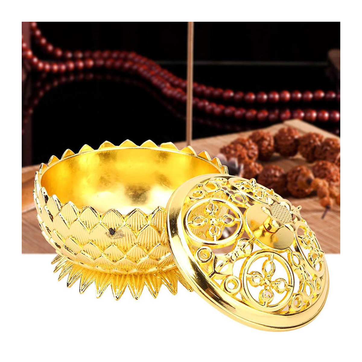DIYelecs Lotus Räucherstäbchenhalter aus Zinklegierung in Gold, dekorativer Weihrauchbrenner mit floralem Design, Durchmesser: 7 cm, Höhe: 5 cm - Bild 3