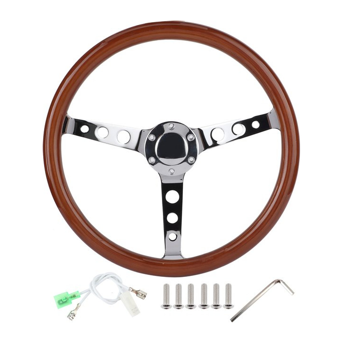 DOACT Retro Lenkrad aus Mahagoni Holz mit Edelstahl Speichen und Horn Abdeckung, Braun/Silber, Durchmesser: 38,1 cm - Bild 1