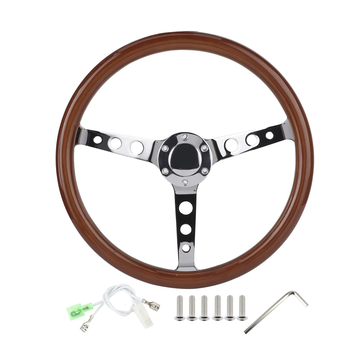 DOACT Retro Lenkrad aus Mahagoni Holz mit Edelstahl Speichen und Horn Abdeckung, Braun/Silber, Durchmesser: 38,1 cm - Bild 7