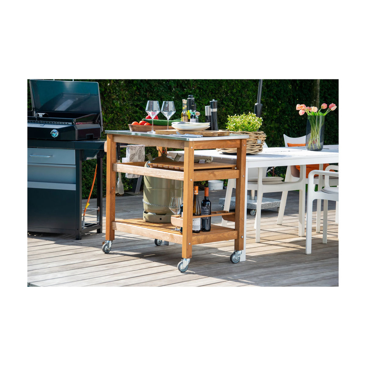 Dobar Beistellwagen aus Kiefernholz mit Edelstahlplatte in Braun und Natur im Industrial Design - Bild 2