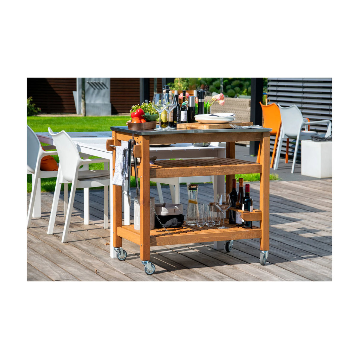 Dobar Beistellwagen aus Kiefernholz mit Edelstahlplatte in Braun und Natur im Industrial Design - Bild 4