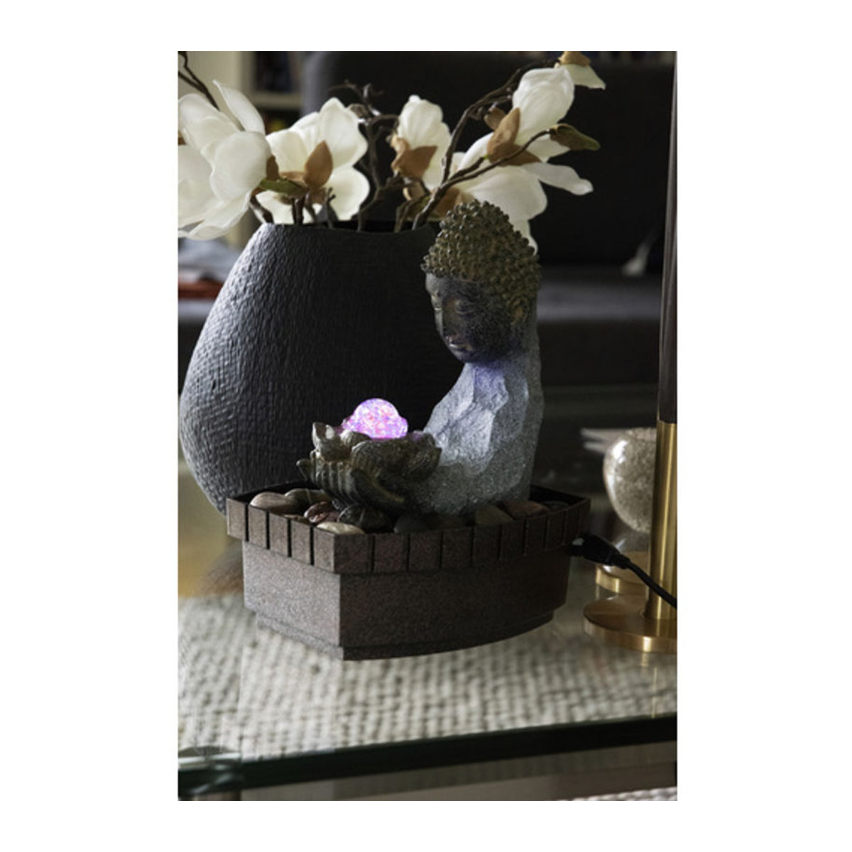 Dobar Buddha Zimmerbrunnen aus Polyresin mit LED-Beleuchtung und Pumpe, grau oder schwarz, B/H/T: 20 x 26 x 17 cm - Bild 2