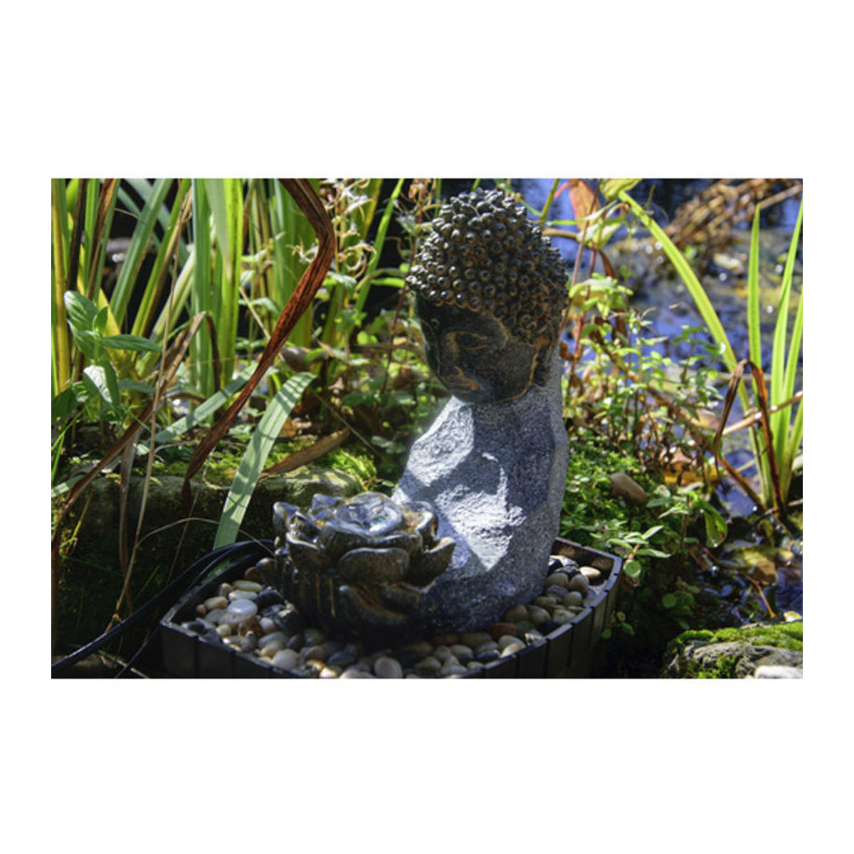 Dobar Buddha Zimmerbrunnen aus Polyresin mit LED-Beleuchtung und Pumpe, grau oder schwarz, B/H/T: 20 x 26 x 17 cm - Bild 4