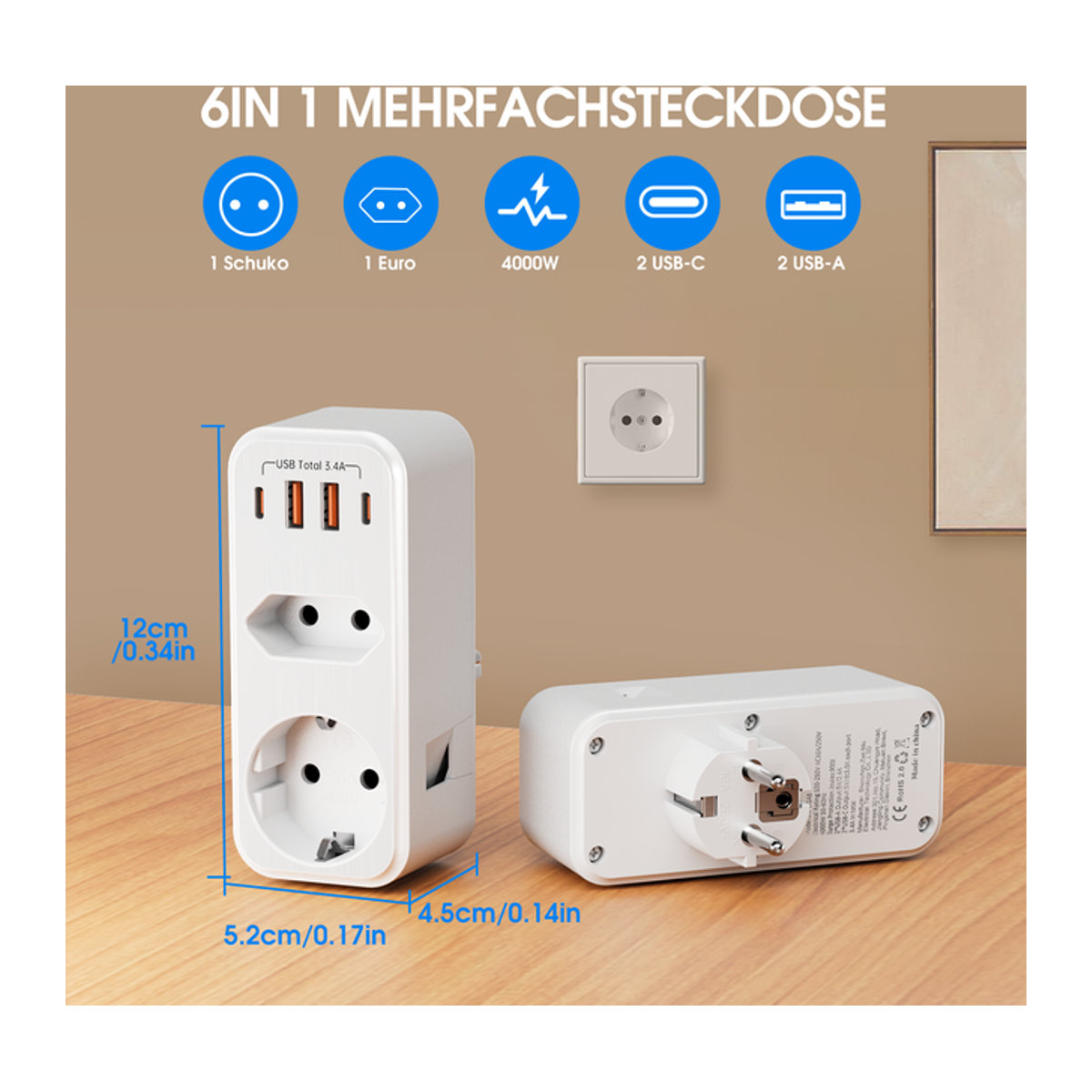 DODOYESANA EU-Steckdosenleiste in Weiß mit 2 USB-A und 2 USB-C Anschlüssen sowie Netzwerkfilter, 4000W - Bild 1