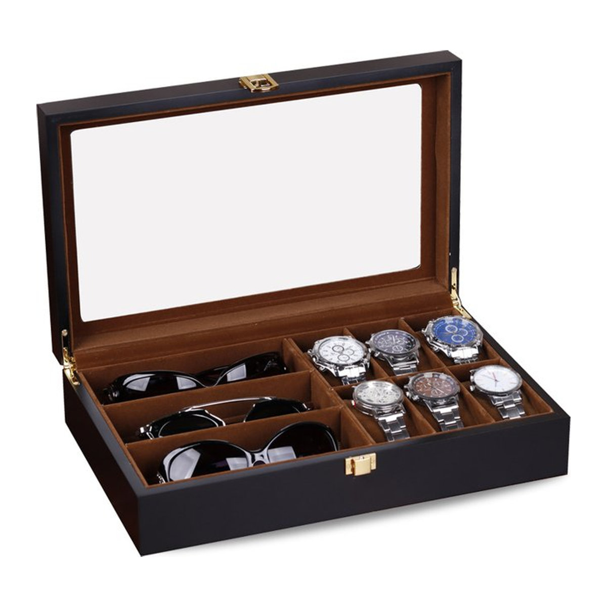 DOKW Luxus Uhren- und Sonnenbrillen-Organizer aus Holz mit 6 Slots in Schwarz - Bild 1