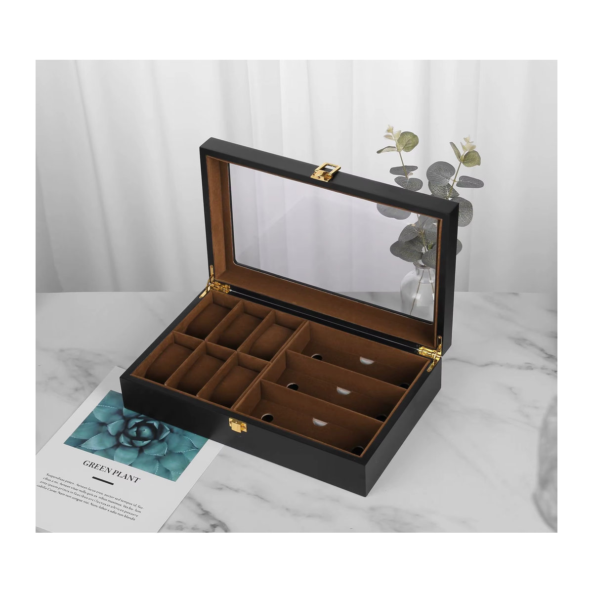 DOKW Luxus Uhren- und Sonnenbrillen-Organizer aus Holz mit 6 Slots in Schwarz - Bild 4