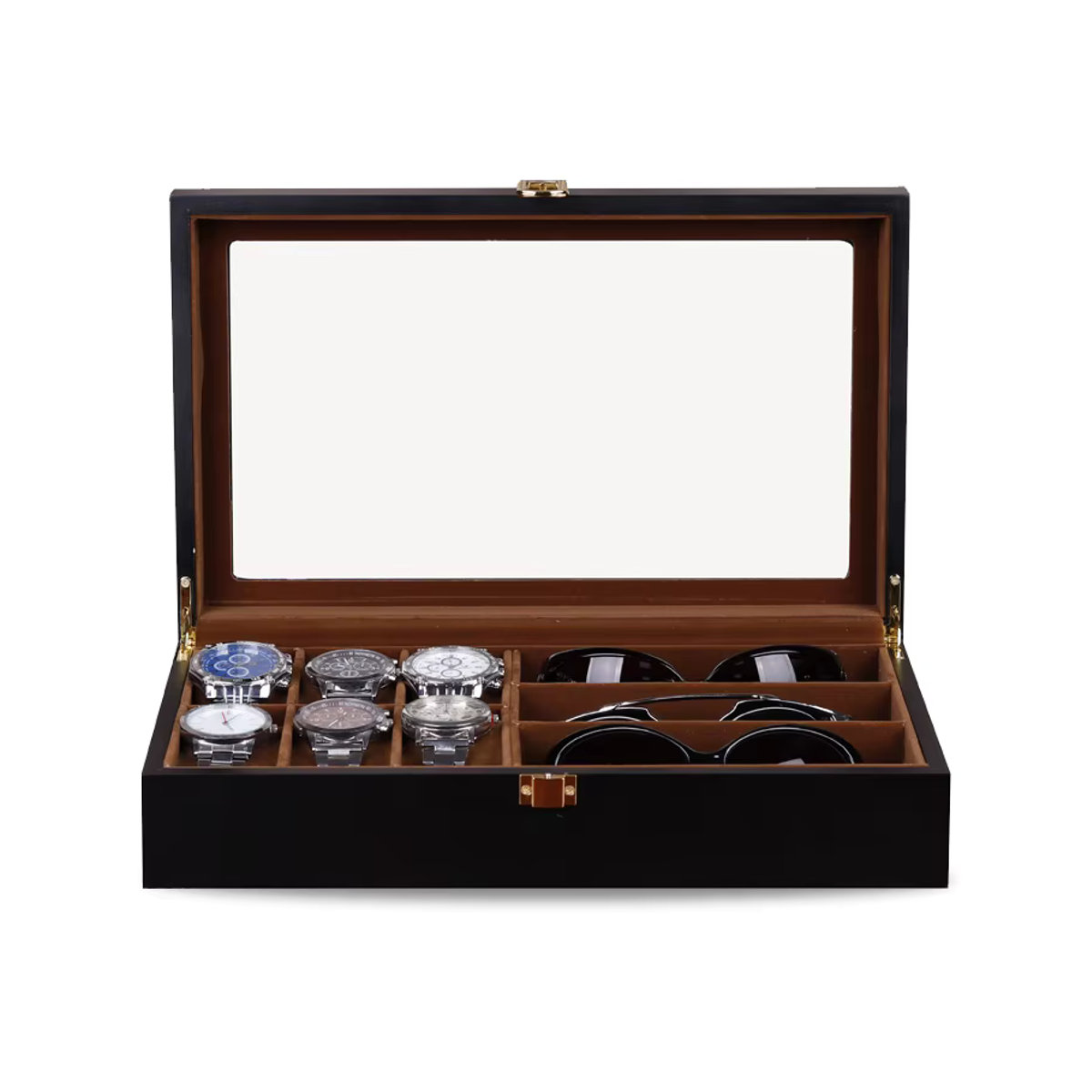 DOKW Luxus Uhren- und Sonnenbrillen-Organizer aus Holz mit 6 Slots in Schwarz - Bild 5