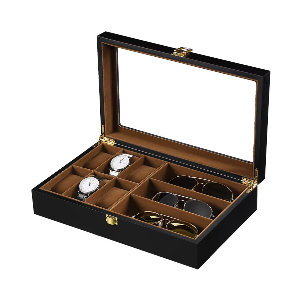 DOKW Luxus Uhren- und Sonnenbrillen-Organizer aus Holz mit 6 Slots in Schwarz - Bild 6