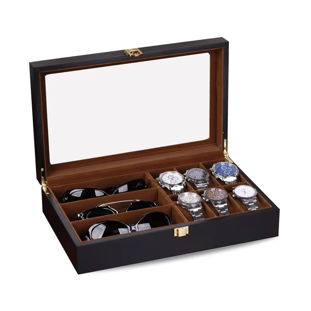 DOKW Luxus Uhren- und Sonnenbrillen-Organizer aus Holz mit 6 Slots in Schwarz - Bild 7
