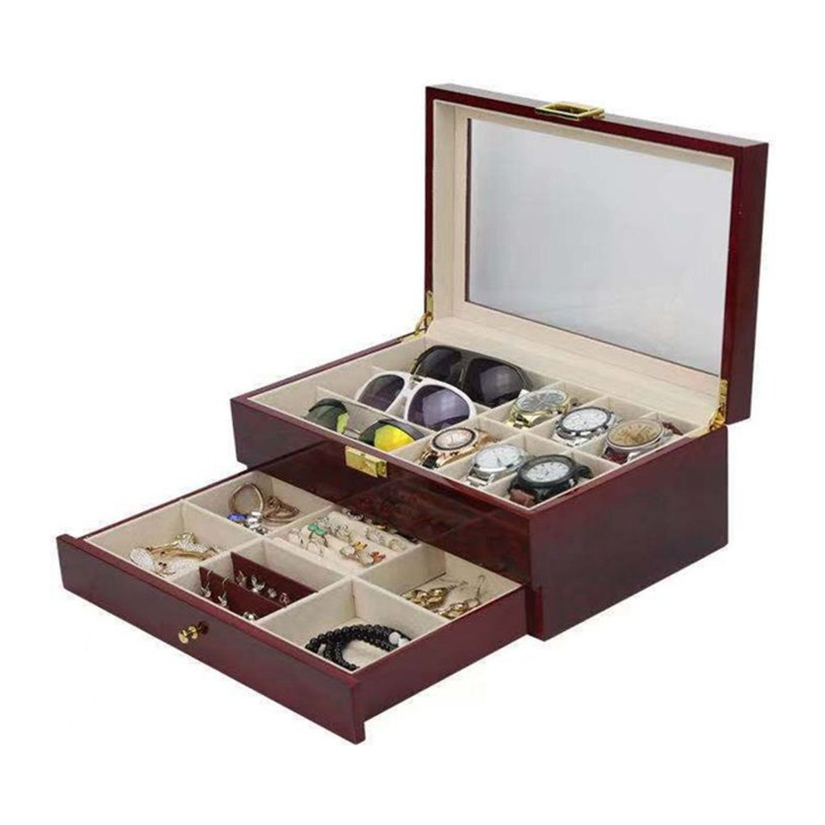 DOKW Schmuck-Aufbewahrungsbox aus Holz in Braun – Klassische Vitrine für Uhren, Sonnenbrillen und Schmuck mit doppelter Organisation - Bild 1