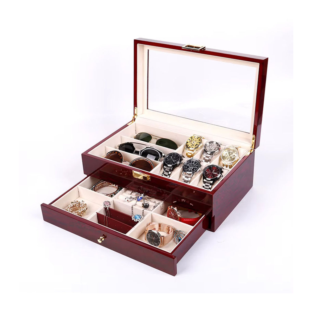 DOKW Schmuck-Aufbewahrungsbox aus Holz in Braun – Klassische Vitrine für Uhren, Sonnenbrillen und Schmuck mit doppelter Organisation - Bild 3