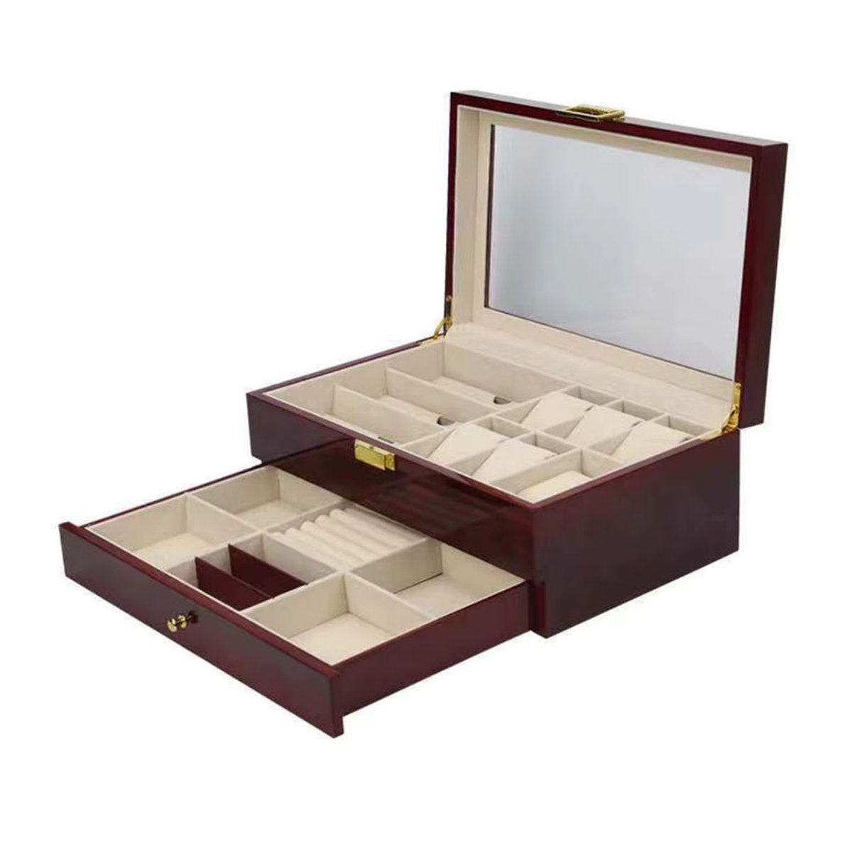 DOKW Schmuck-Aufbewahrungsbox aus Holz in Braun – Klassische Vitrine für Uhren, Sonnenbrillen und Schmuck mit doppelter Organisation - Bild 4