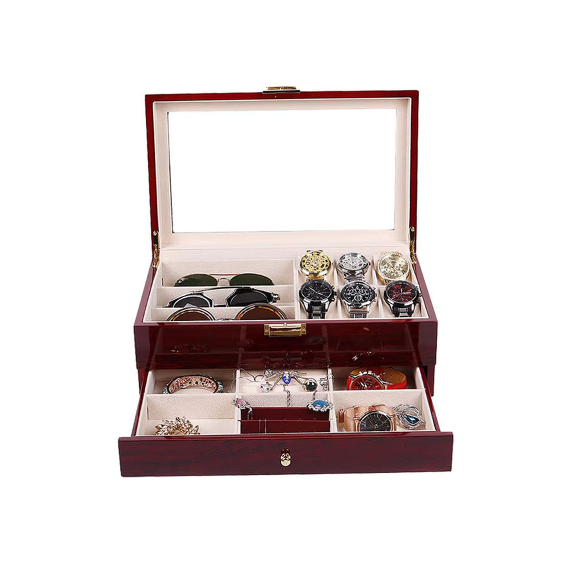 DOKW Schmuck-Aufbewahrungsbox aus Holz in Braun – Klassische Vitrine für Uhren, Sonnenbrillen und Schmuck mit doppelter Organisation - Bild 5