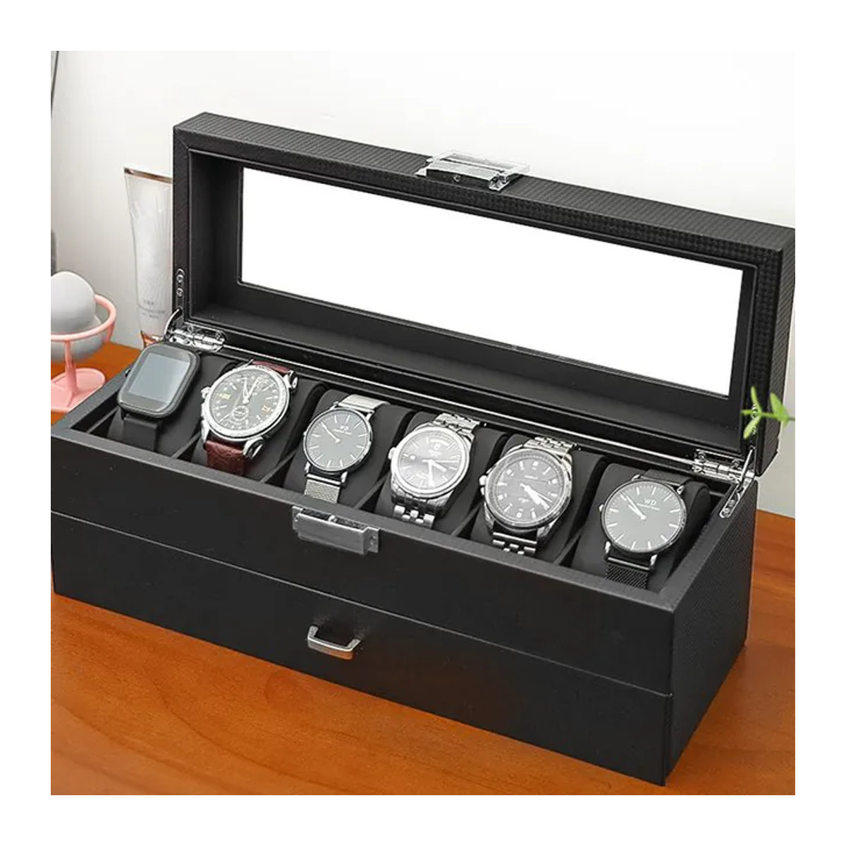 DOKW Schmuckbox aus Holz mit 2 Etagen und Schubladen, Uhrenbox und Vitrine mit transparentem Deckel für Halsketten und Ohrringe, Braun oder Schwarz - Bild 1