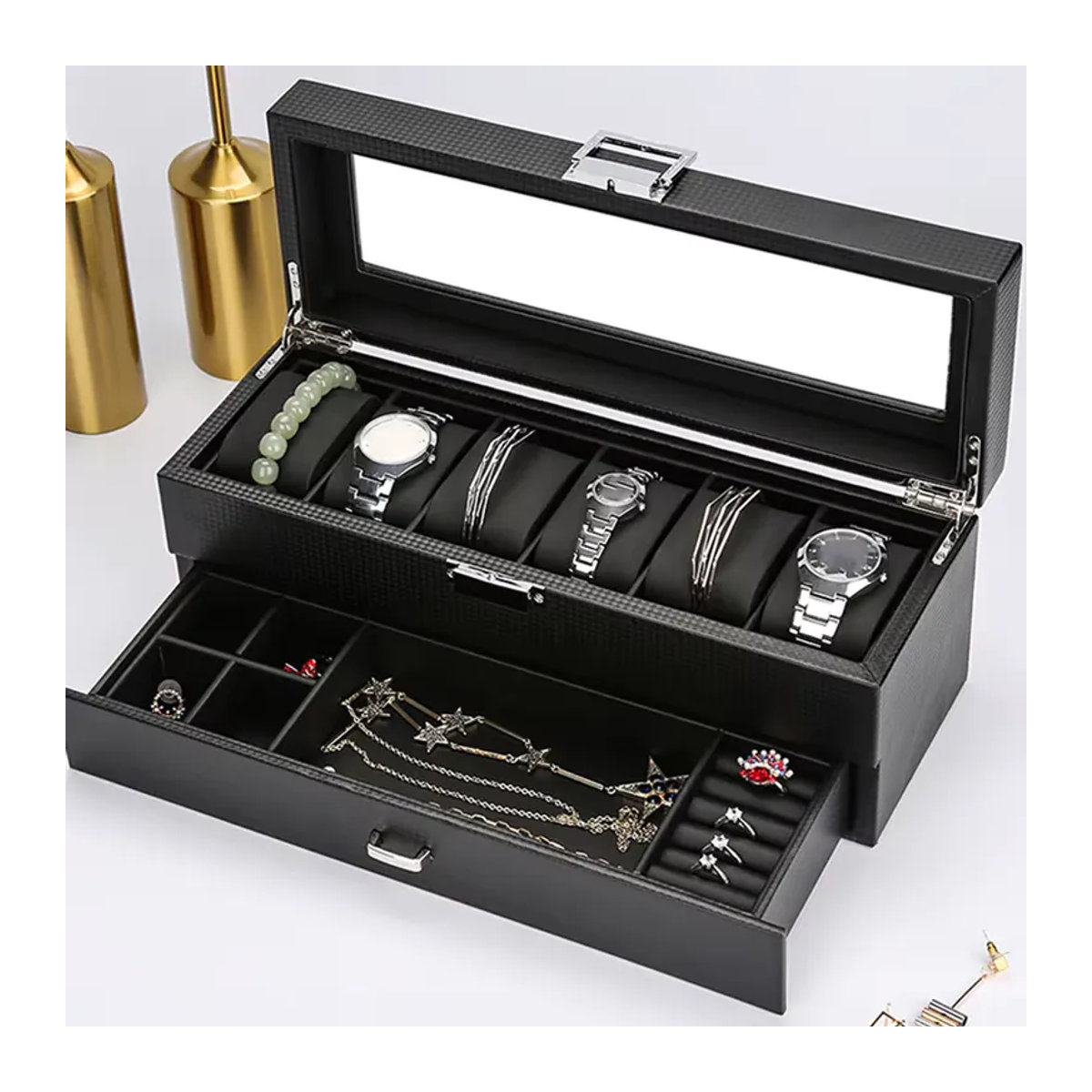 DOKW Schmuckbox aus Holz mit 2 Etagen und Schubladen, Uhrenbox und Vitrine mit transparentem Deckel für Halsketten und Ohrringe, Braun oder Schwarz - Bild 2