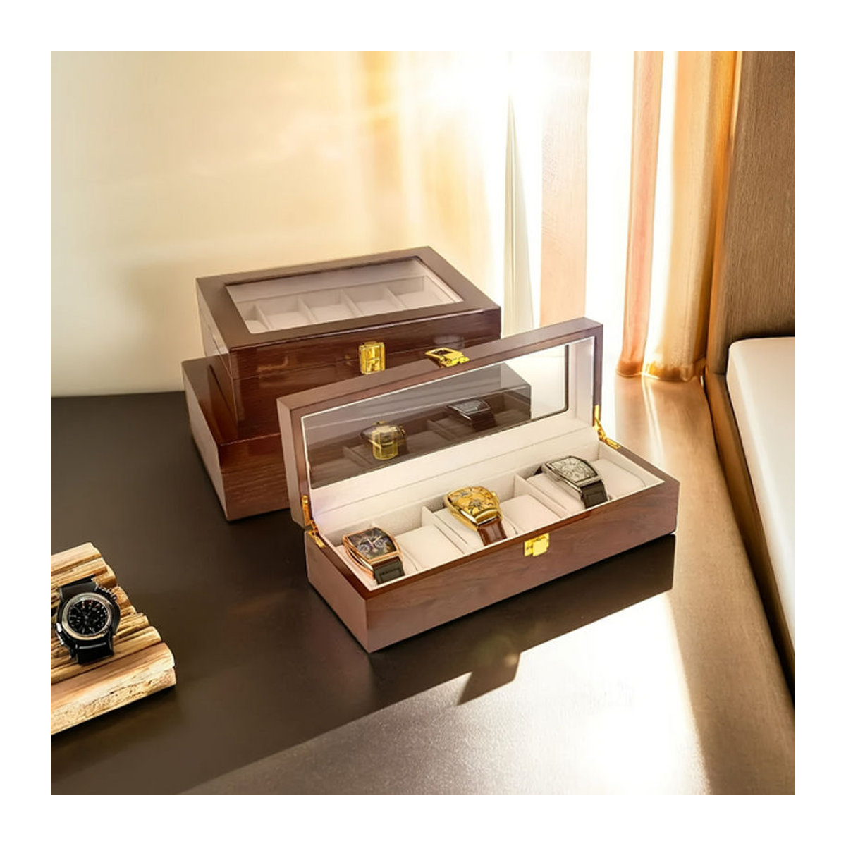 DOKW Uhrenaufbewahrungsbox aus lackiertem Holz in Braun mit 6/10/12 Slots für Herren und Schmuck - Bild 1