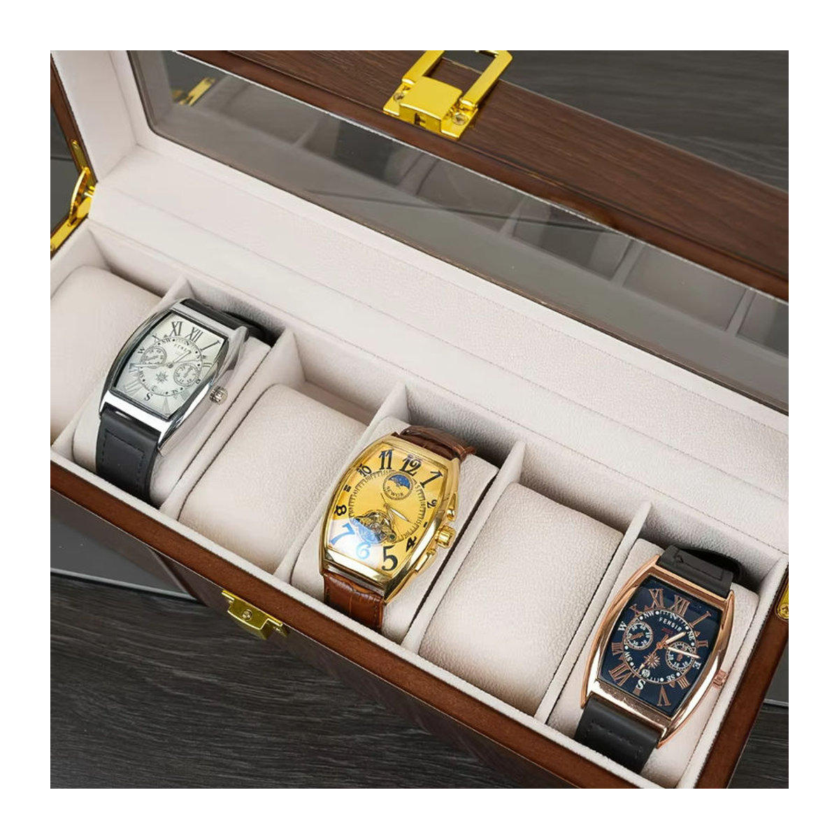 DOKW Uhrenaufbewahrungsbox aus lackiertem Holz in Braun mit 6/10/12 Slots für Herren und Schmuck - Bild 3