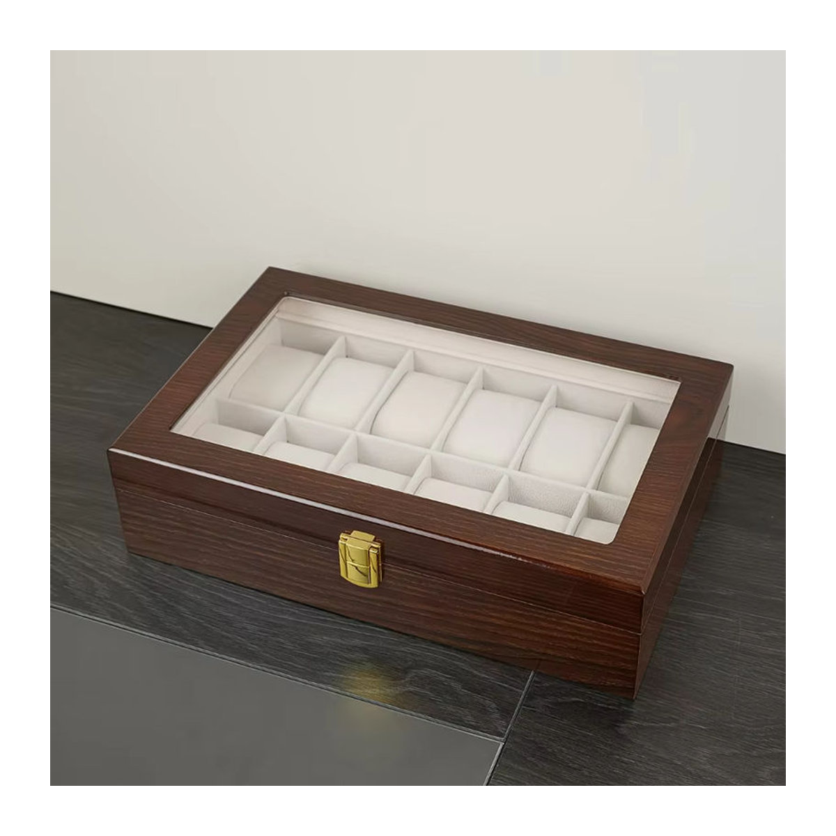 DOKW Uhrenaufbewahrungsbox aus lackiertem Holz in Braun mit 6/10/12 Slots für Herren und Schmuck - Bild 4