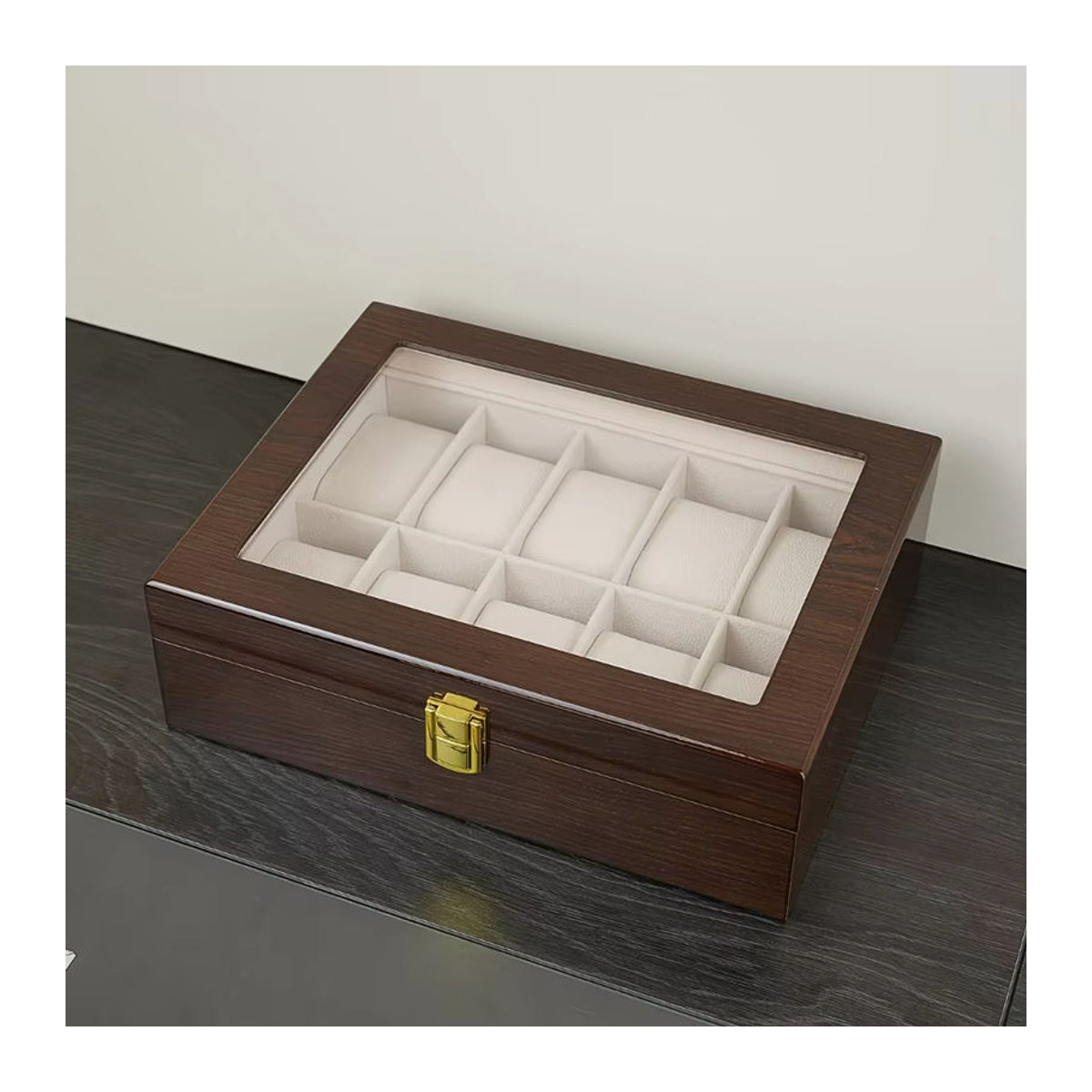 DOKW Uhrenaufbewahrungsbox aus lackiertem Holz in Braun mit 6/10/12 Slots für Herren und Schmuck - Bild 5