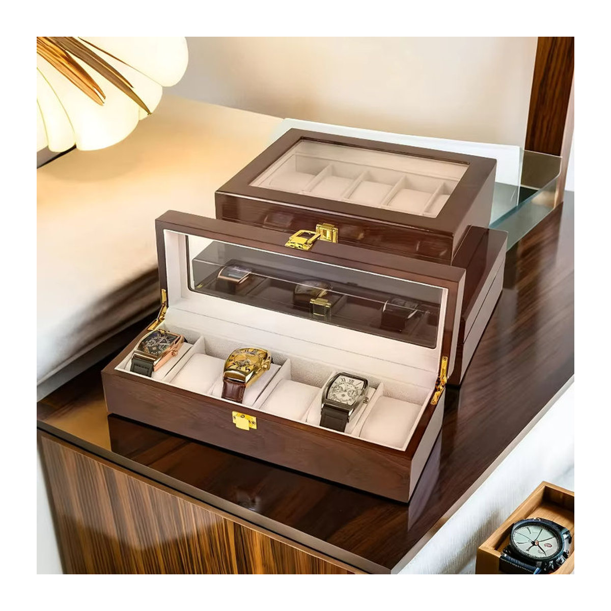 DOKW Uhrenaufbewahrungsbox aus lackiertem Holz in Braun mit 6/10/12 Slots für Herren und Schmuck - Bild 6
