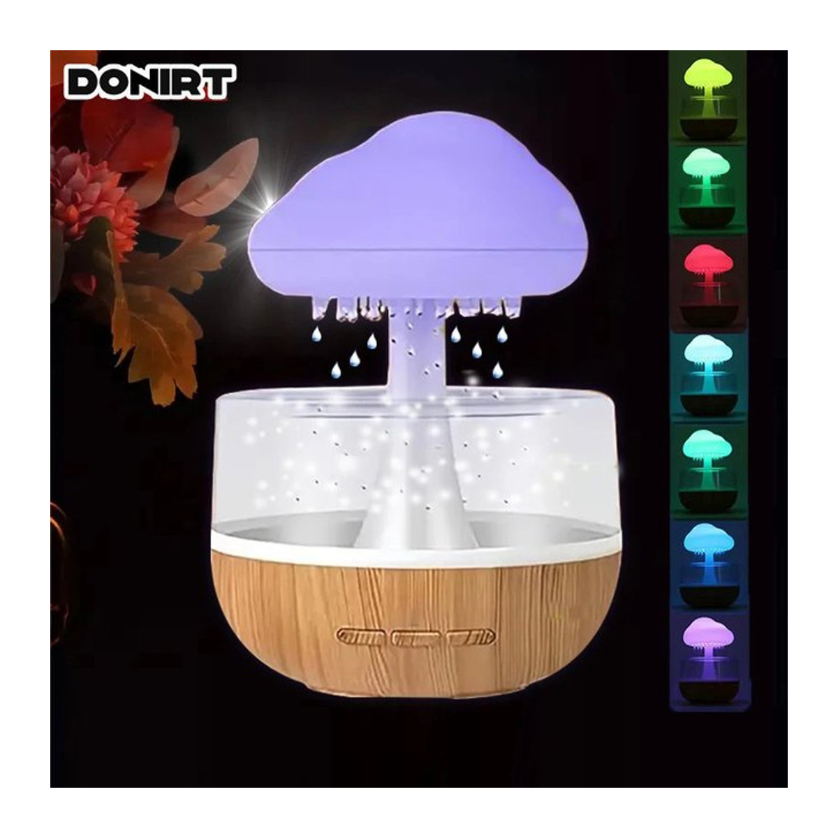 Donirt Regenwolke Luftbefeuchter mit Regentropfen und bunten Pilzen als Atmosphäre Lampe und Aromatherapie Gerät für ätherische Öle in Modernem Design - Bild 1