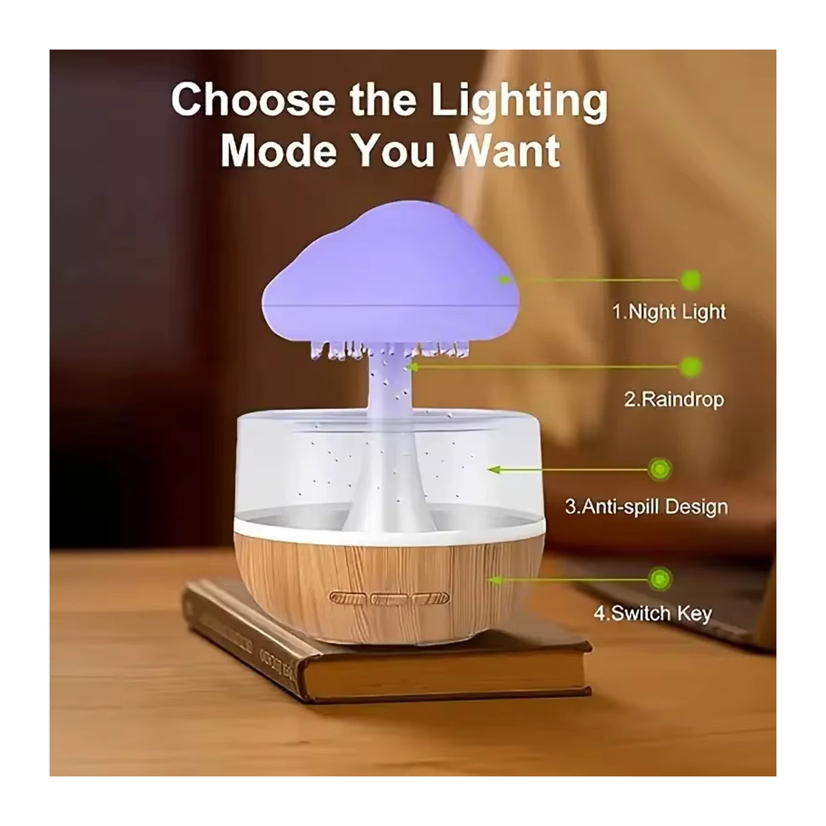 Donirt Regenwolke Luftbefeuchter mit Regentropfen und bunten Pilzen als Atmosphäre Lampe und Aromatherapie Gerät für ätherische Öle in Modernem Design - Bild 3