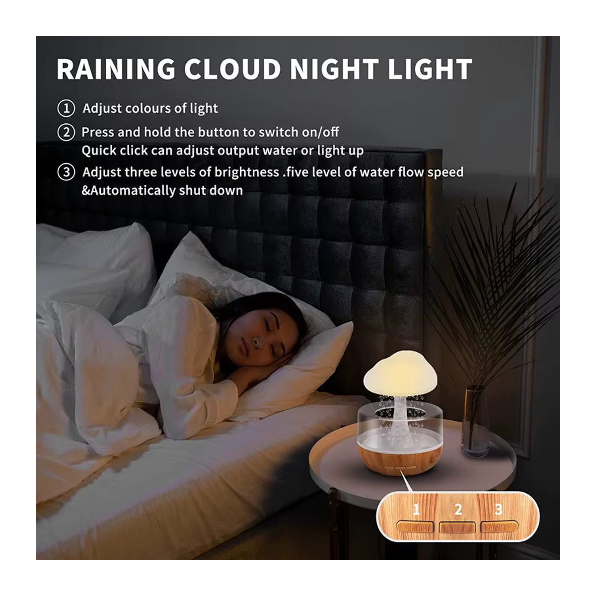 Donirt Regenwolke Luftbefeuchter mit Regentropfen und bunten Pilzen als Atmosphäre Lampe und Aromatherapie Gerät für ätherische Öle in Modernem Design - Bild 4