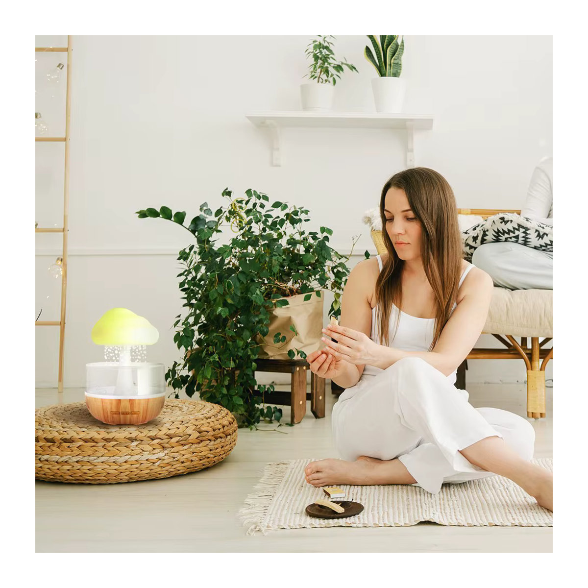 Donirt Regenwolke Luftbefeuchter mit Regentropfen und bunten Pilzen als Atmosphäre Lampe und Aromatherapie Gerät für ätherische Öle in Modernem Design - Bild 5