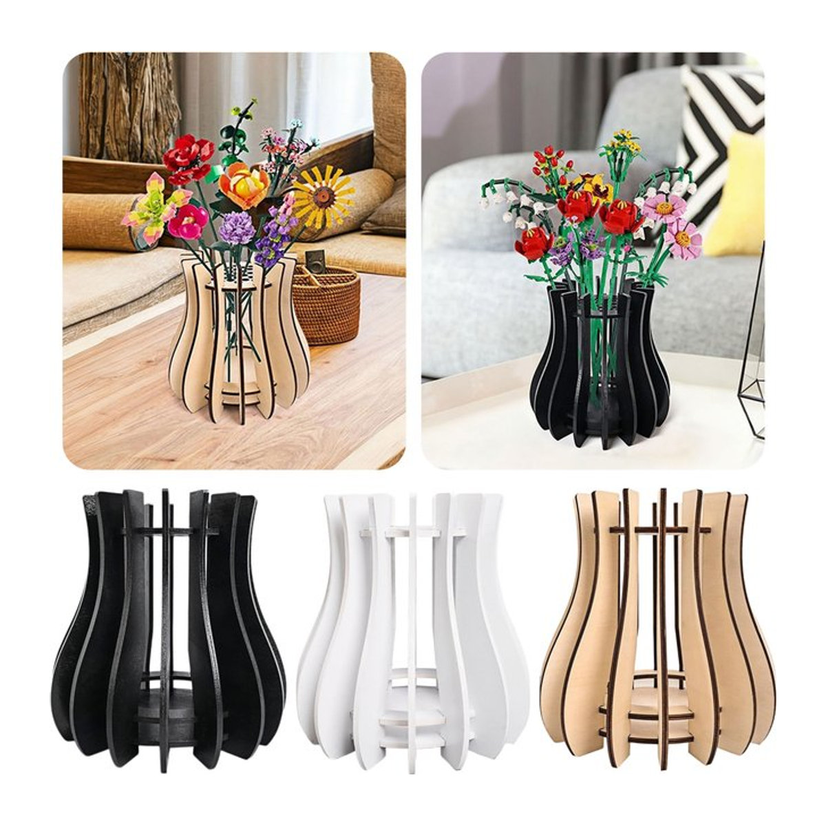 DOORSACCERY Holzpuzzle-Vasen-Set aus Holz in Weiß und Mehrfarbig als DIY-Blumenhalter und ästhetische Tischdekoration - Bild 1