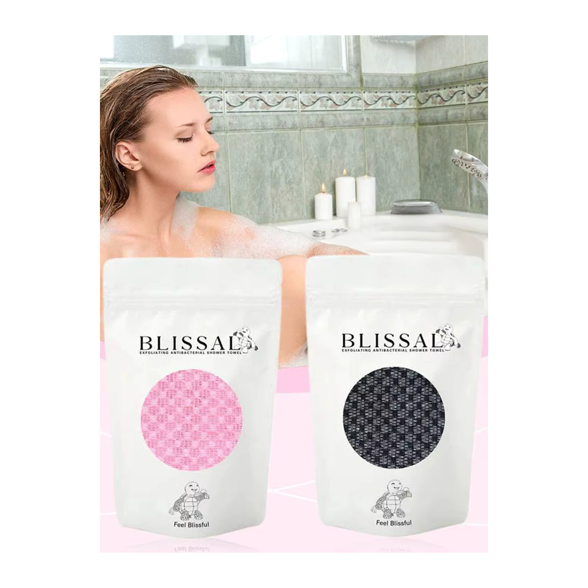 Doppelseitiges Rücken-Schrubbhandtuch als Peeling-Körperhandtuch mit Rückengurt für Detox und Schlamm-Anwendungen, erhältlich in Rosa und Schwarz - Bild 7