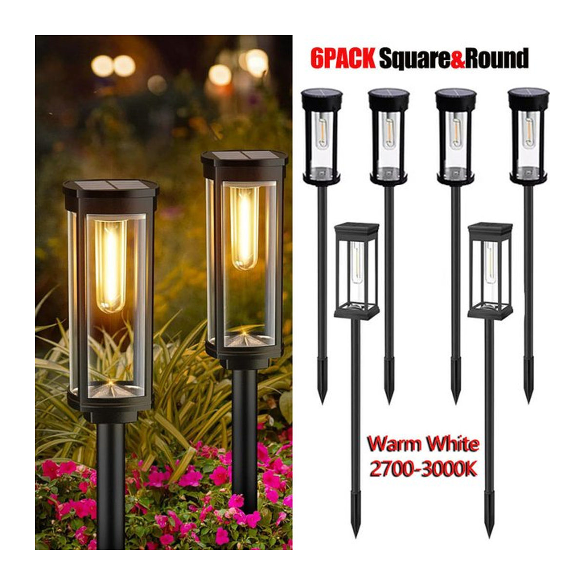 DOUWENXI 6er-Pack Retro Solar Wegeleuchten aus Kunststoff, Schwarz, Warmweißes LED Licht, Wasserdicht für Garten und Außenbereich - Bild 1